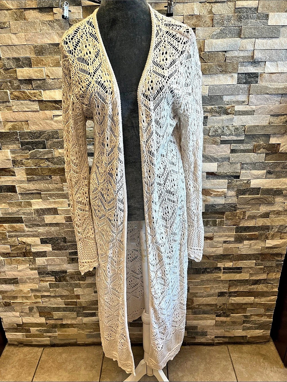 freshman 1996 Open Knit Long Cardigan in White Size Medium